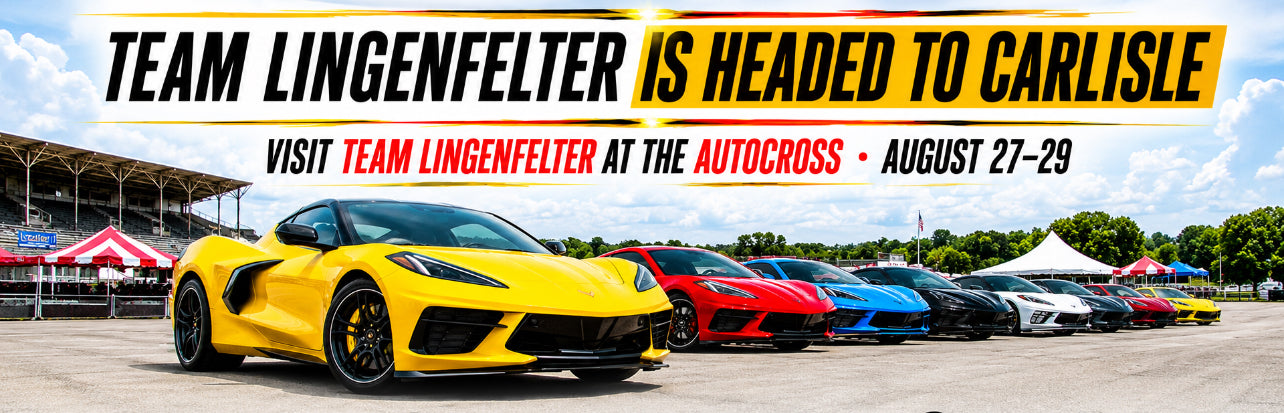 Promotional banner for Team Lingenfelder heading to Carlisle, featuring a bright yellow sports car in the foreground and several other cars lined up at an autocross track under a blue sky with racing tents in the background.