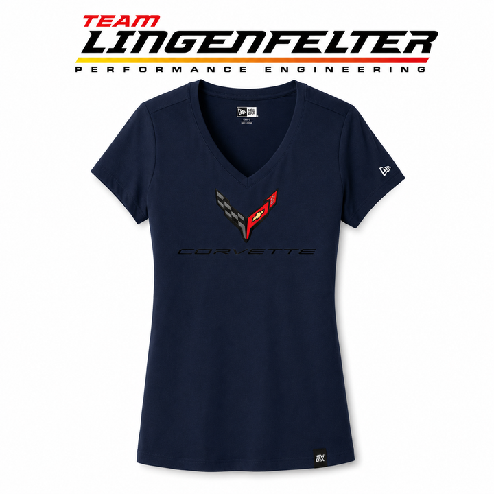 Navy blue t-shirt with Corvette logo and Team Lingenfelter branding on a white background
