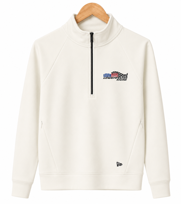 An off-white quarter-zip pullover sweatshirt with a black zipper and a small chest graphic, hanging on a wooden hanger against a white background. A New Era flag logo is visible near the bottom hem.