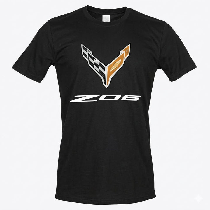 z06 corvette black t shirt on white background men's 
