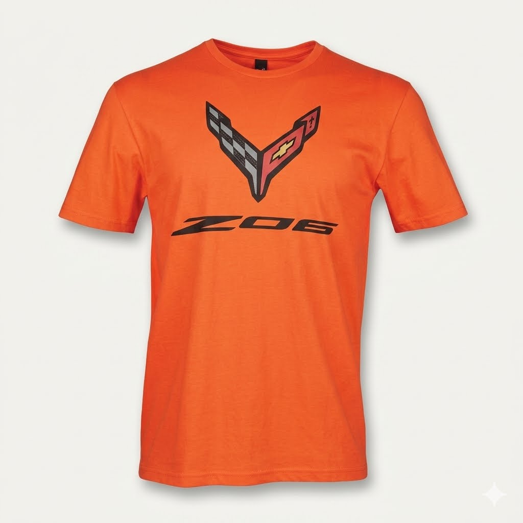 z06 corvette men's orange t-shirt on white background