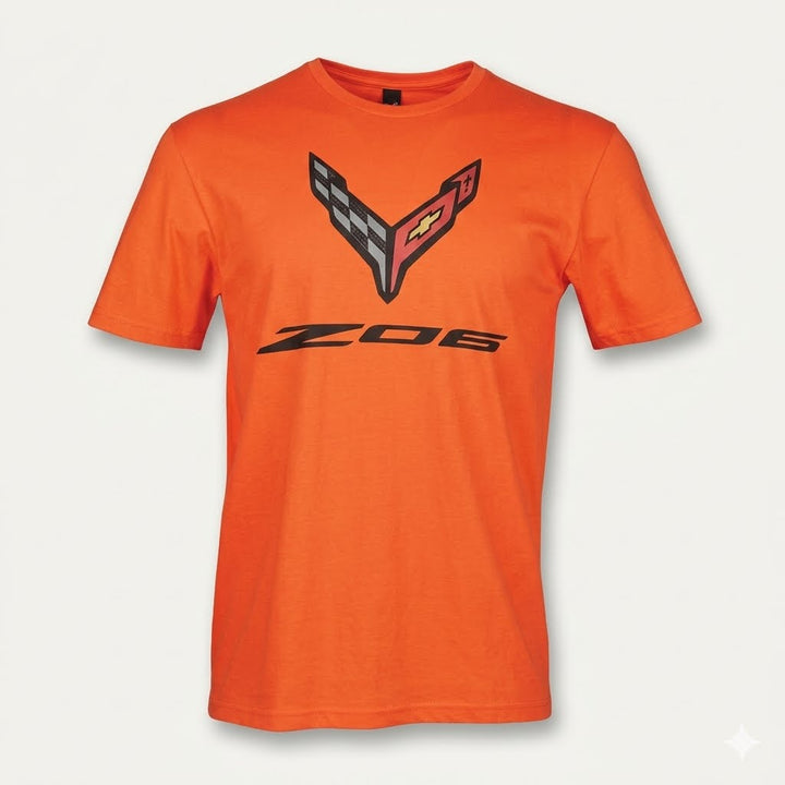 z06 corvette men's orange t-shirt on white background