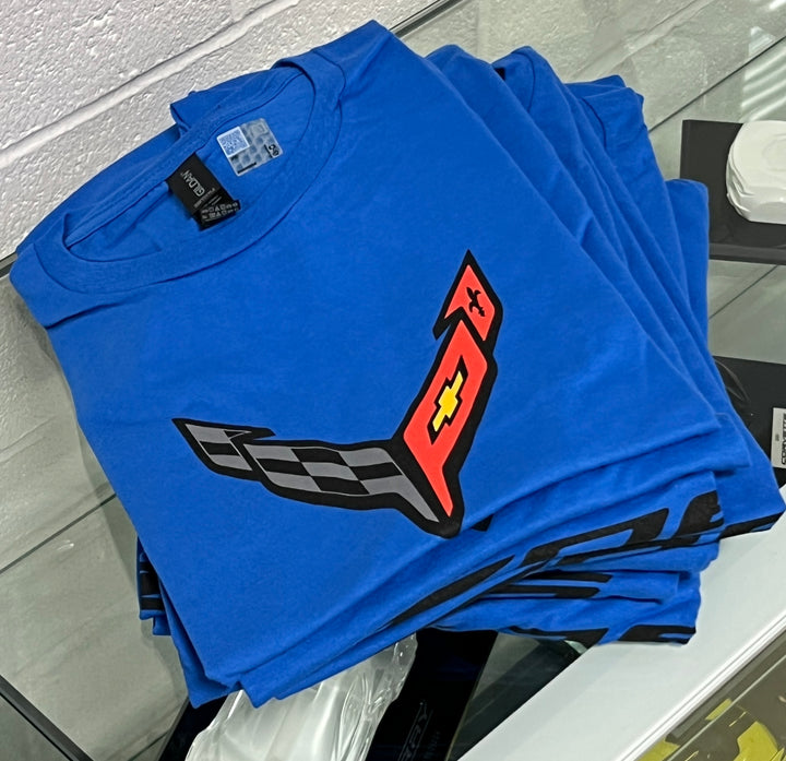 c8 corvette z06 men's t-shirt in royal blue folded on counter