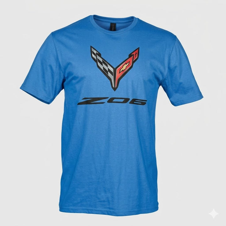 z06 corvette royal blue shirt on white background