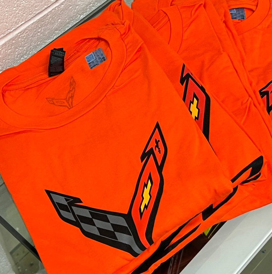 c8 z06 corvette men's orange t-shirt folded on counter