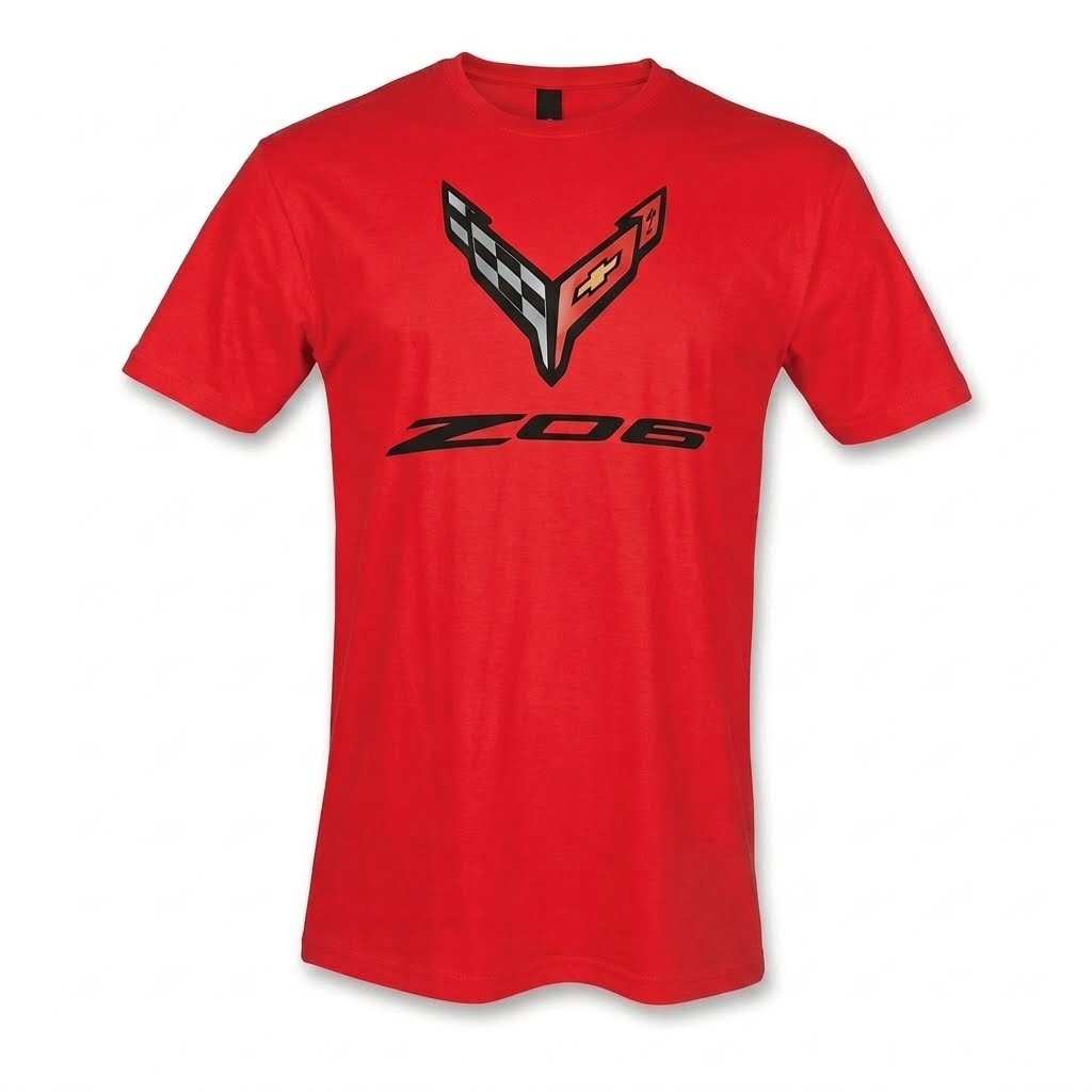 z06 c8 corvette red shirt on white back ground
