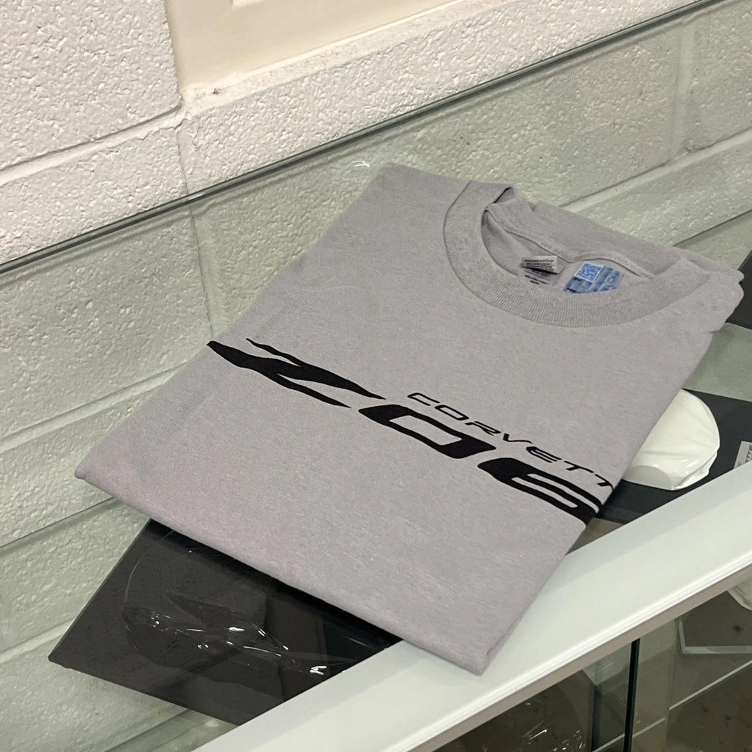 z06 corvette gray men's t-shirt with black corvette z06 text 