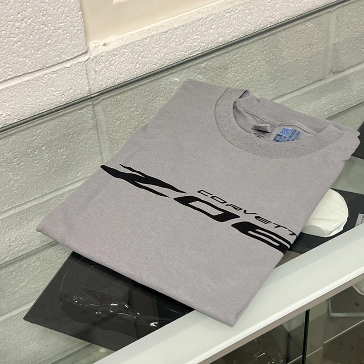 z06 corvette gray men's t-shirt with black corvette z06 text 