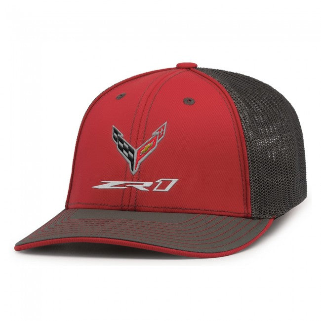 Red and graphite ZR1 Corvette Flexfit Trucker Cap by Team Lingenfelter featuring embroidered Corvette logo and mesh back.