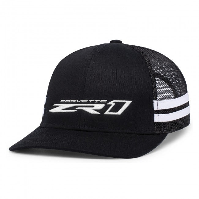 Black ZR1 Corvette mesh hat by Lingenfelter Race Gear featuring embroidered Corvette logo and adjustable strap.