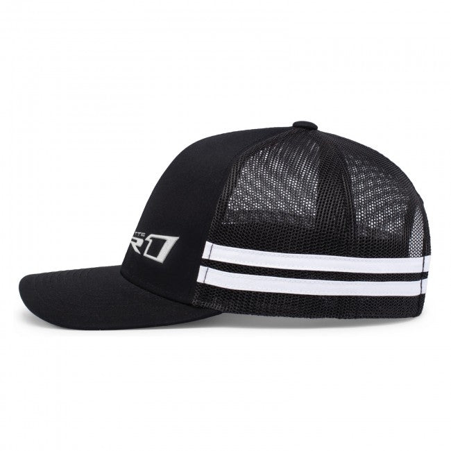 Black ZR1 Corvette mesh hat by Lingenfelter Race Gear, side view showing logo and breathable fabric details.